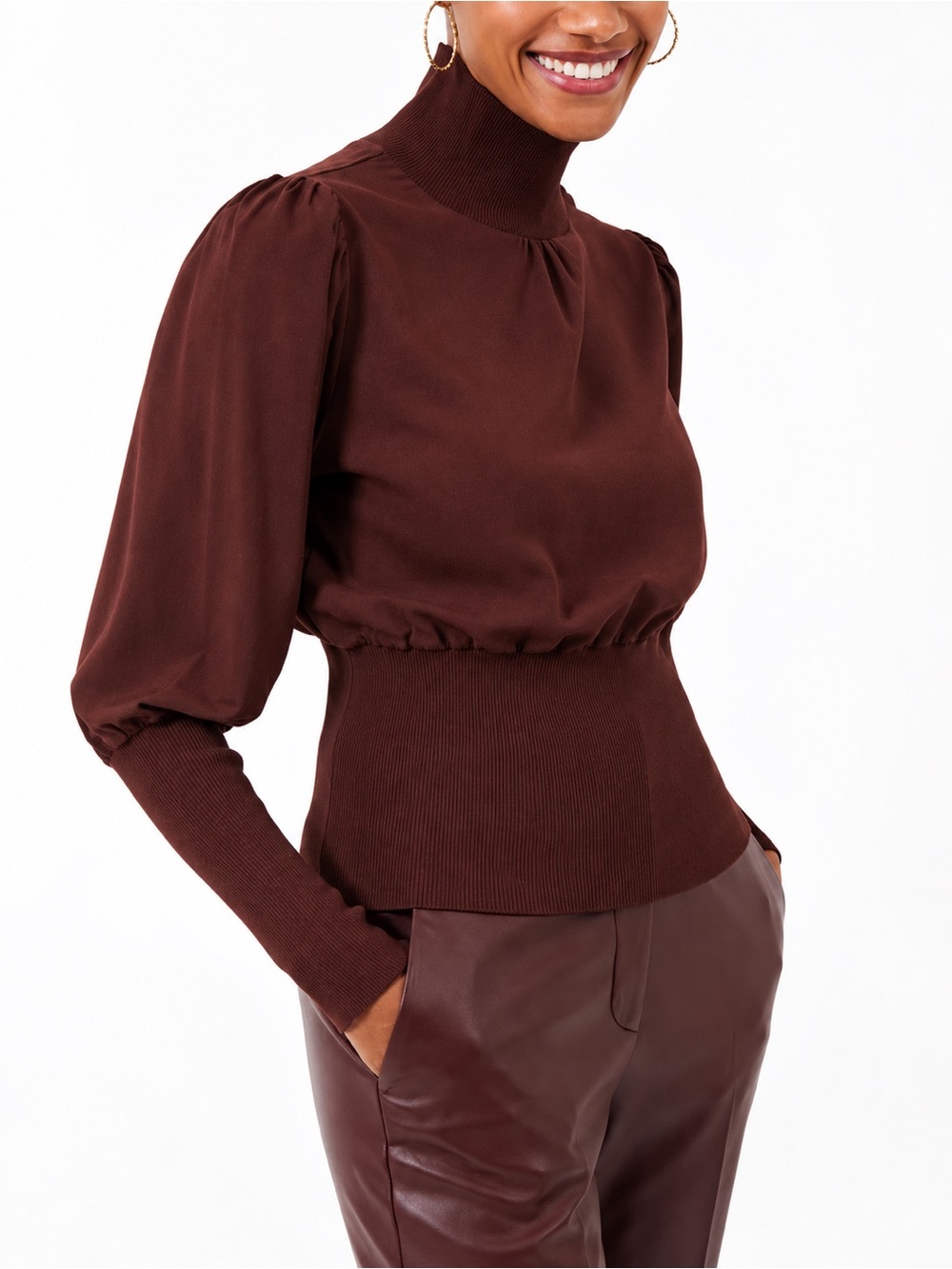French Connection NWT Krista Chocolate Ribbed Hem Top Designer Luxury Size S